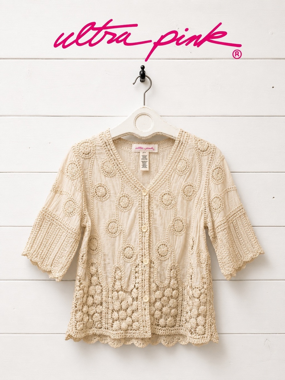 ULTRA PINK Cream Crochet Cotton Cardigan Size S/P